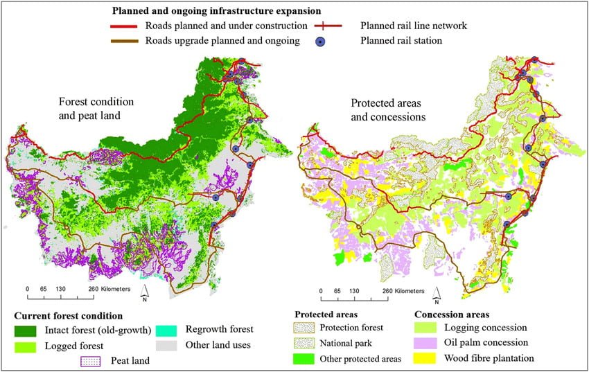 Two maps illustrating vegetation types across various regions, highlighting Indonesia's infrastructure plan in Borneo.