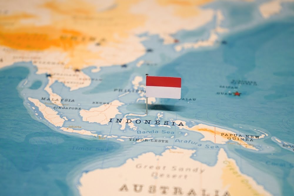 A map of Indonesia featuring the Indonesia flag.