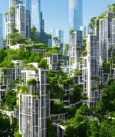 Futuristic cityscape with high-rise buildings covered in lush greenery, symbolising Indonesia Green Building Trends.