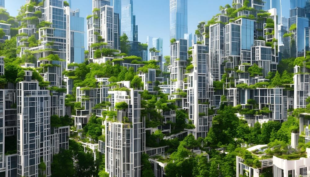 Futuristic cityscape with high-rise buildings covered in lush greenery, symbolising Indonesia Green Building Trends.