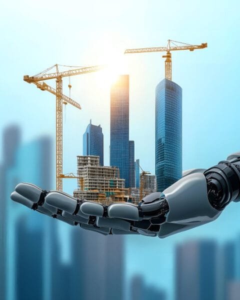 A robotic hand presenting a construction site with cranes against a cityscape, illustrating the Construction Technology Adoption in Indonesia.