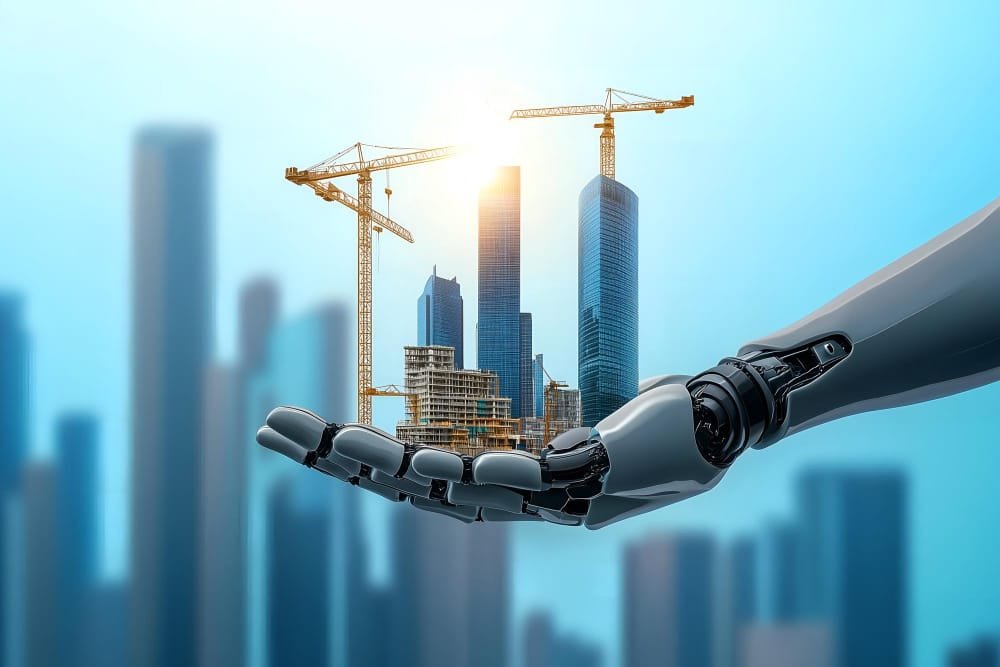 A robotic hand presenting a construction site with cranes against a cityscape, illustrating the Construction Technology Adoption in Indonesia.