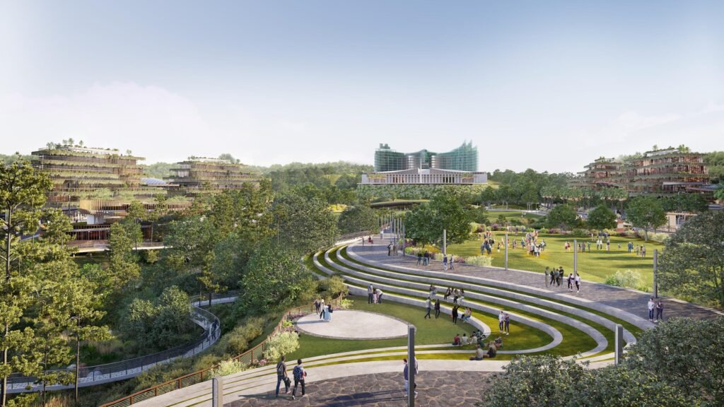 Illustration of a modern green park in Nusantara with terraced eco-friendly buildings and people enjoying the outdoors, showing Construction Technology Adoption in Indonesia.