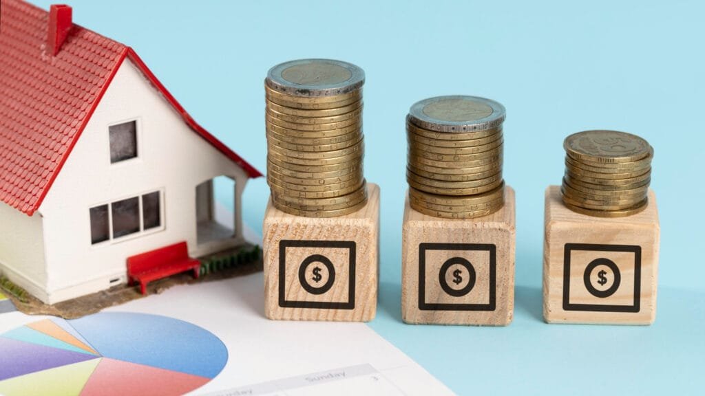 A model house beside three stacks of coins on wooden blocks with dollar signs, representing Indonesia Construction Financing.